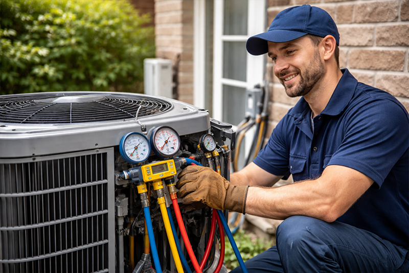 AC repair technician servicing outdoor air conditioning unit with tools