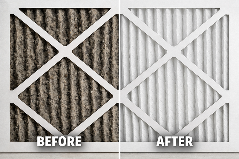 Air filter before and after cleaning showing dirty clogged filter vs clean white filter