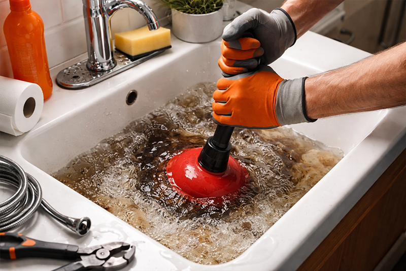Sink clog removal using plunger with dirty water overflow