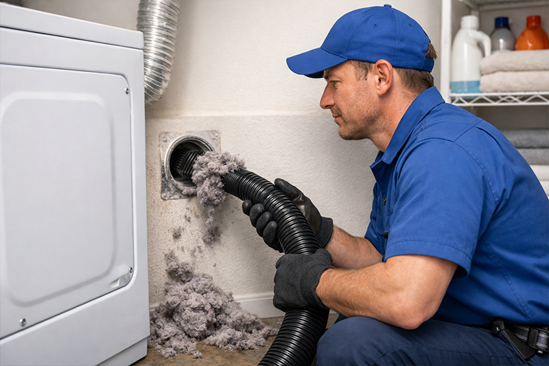 Dryer vent cleaning technician removing lint