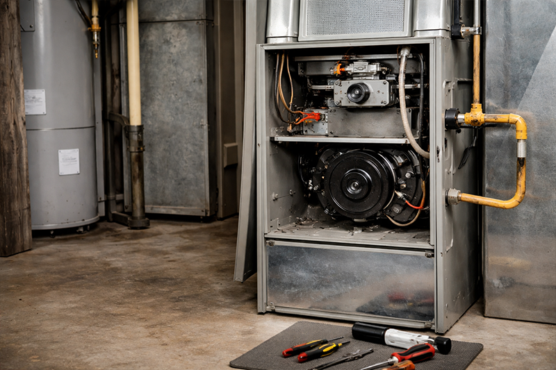 Furnace cleaning system open with internal components cleaned in residential basement