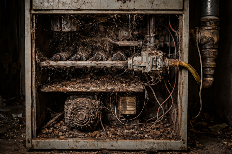 Dirty furnace interior filled with dust, debris, and rust buildup