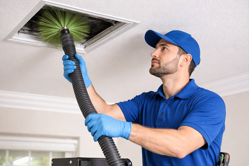 Air duct cleaning technician in blue uniform using brush tool inside ceiling vent